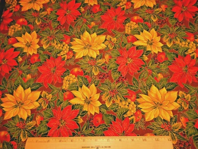 Hoffman Christmas Fabric 1 3/8 Yard Vermont Lodge Poinsettia Gold Brown Cotton C - Image 1 of 2