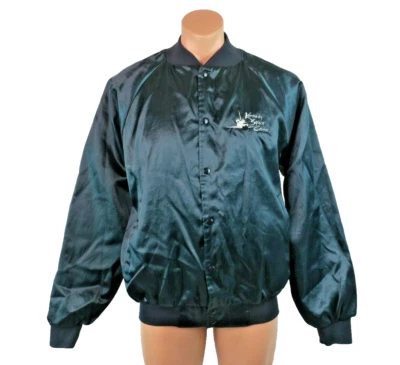 Chaqueta de satén vintage RARA NASA KENNEDY Center Space Shuttle azul marino brillante castaño rojizo L Foto 1 de 4