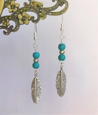 Silver Feather and Turquoise Beads Dangly Earrings in Gift Bag - Ethnic Tribal - Image 1 of 4