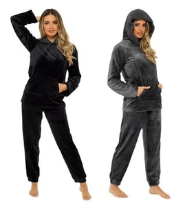 Womens Hooded Pyjamas Super Soft Fleece Plush Hooded Ladies PJs Pyjama Set - Picture 1 of 38