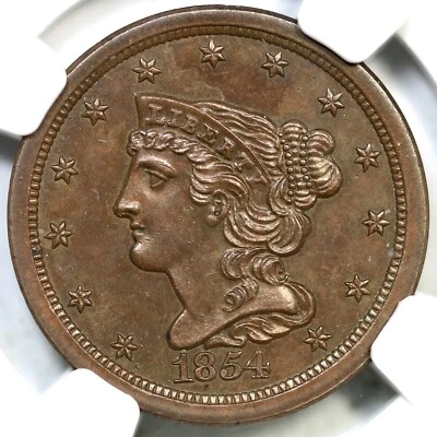 1854 C-1 NGC MS 65+ Bn Braided Hair Half Cent Coin 1/2c - Image 1 of 3