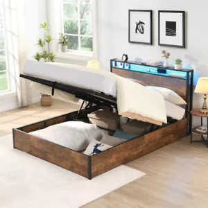 Lift-up Storage Bed Frame, Full Size Bed Frame with Bookcase Headboard Brown - Picture 1 of 14