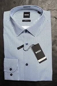 Hugo Boss Men's Hank Kent Slim Fit Stretch Organic Cotton Blue Dress Shirt 38 15 - Picture 1 of 8