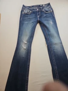 Miss Me Signature Boot Jeans Womens 28x34 Jeweled Sequins Zipper Preppy Stitched - Picture 1 of 16