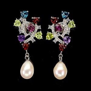 925 Sterling Silver Earrings Heart Amethyst Topaz Peridot Pearl Gemstone Jewelry - Picture 1 of 14