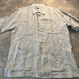 Guayabera Shirt Men's L MARQUIS Beige Linen Blend 4-Pocket Monochrome Embroidery - Picture 1 of 10