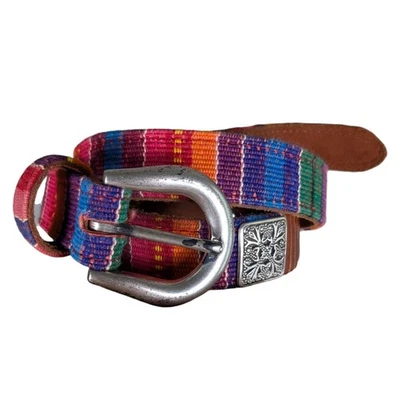Fossil Belt M Brown Leather Multicolor Woven Vintage Silver Western Southwest 90 - Image 1 of 4