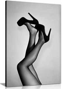Black & White Woman in Velvet Pumps Framed Canvas Print Wall Art Home Decor - Picture 1 of 6