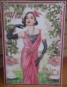 handmade art deco personalised Wife valentine's card lady in hot pink roses 2024 - Picture 1 of 4