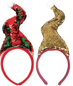 Deluxe Reversible Sequin Christmas Hat on Headband Pk 1 (1 HAT ON HEADBAND ONLY) - Picture 1 of 1
