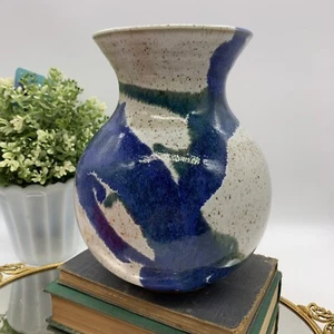 Handgeworfen Studio Steinzeug Keramik gesprenkelt blau grün Vase signiert - Bild 1 von 10