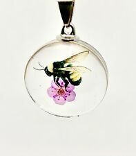 Bee On Flower Glass Pendant Necklace With Stainless Steel Chain And Velvet Pouch