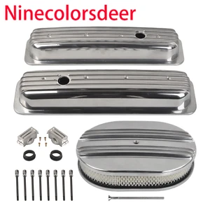 Cubiertas de válvula corta con aletas y medio purificador de aire ovalado de 12" para 87-97 SBC Chevy 350 - Imagen 1 de 8