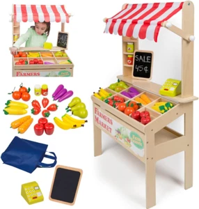 Wooden Farmers Market Stand Toy- 30+ Food Pcs Include Fruit Veggies Chalkboard & - Picture 1 of 7