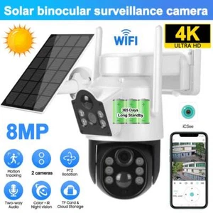Dual Lens 8MP 4K WiFi Solar Camera Wireless Outdoor CCTV PTZ Home Security Cam # - Picture 1 of 23