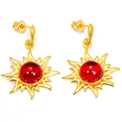925 Solid Gold Plated Sterling Silver Red Amber Round Flaming Sun Nice Earrings - Image 1 of 4