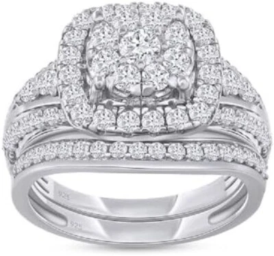 1.25ct Double Halo Engagement Bridal Ring Set Lab Created Moissanite Sterling - Image 1 of 4