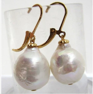 Huge AAA 11X13mm natural South Sea White Baroque Pearl Earrings 14K YELLOW GOLD - Picture 1 of 7