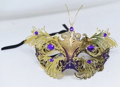 Gold Elaborate Filigree Metal Jeweled "Amethyst Diamond" Venetian Carnival Mask - Image 1 of 4