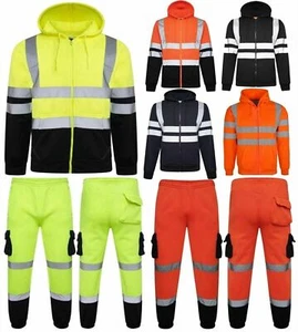 HI VIS WORK MEN VIZ TRACKSUIT SAFETY WORK WEAR HOODIE JOGGING BOTTOMS PANTS TOP - Picture 1 of 26