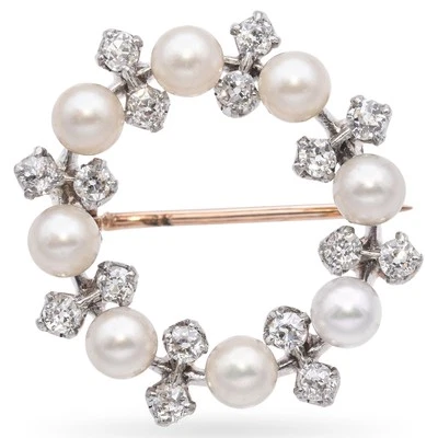 Broche broche antiguo de diamantes de oro amarillo de 14k y perlas de platino Foto 1 de 4
