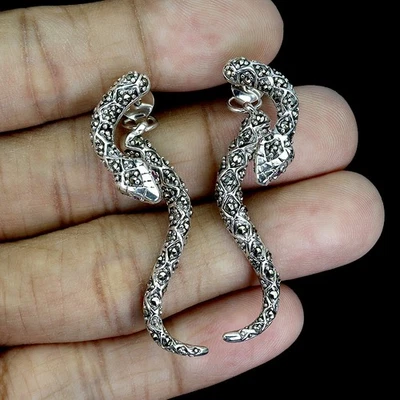 925 Sterling Silver Earrings Round Ruby Marcasite Natural Gemstone Cobra Jewelry - Image 1 of 4