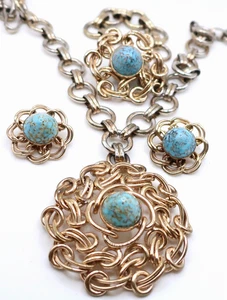 Conjunto de collar pulsera y pendientes de clip vintage de diseñador Bergere imitación turquesa - Imagen 1 de 21