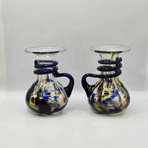 Murano Style Blue Confetti Hand blown Art glass Decorative pitcher Set Of Two  - Picture 1 of 18