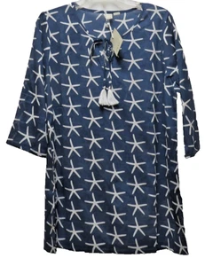 Top túnica Preserve Starfish LRG azul medianoche blanco borla playa encubrimiento nuevo con etiquetas - Imagen 1 de 12