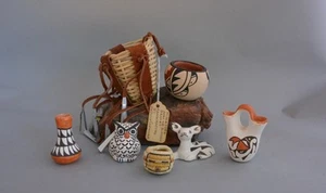 Vtg Miniature Acoma Deer, Owl, Wedding Vase, Olla, Bowl, Apache and Hopi Basket - Picture 1 of 9