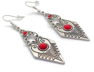Antiqued Silver ethnic style articulated triangle earrings RED stones - Picture 1 of 3
