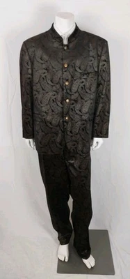 Traje Bandhgala de Terciopelo Cachemira Marrón y Negro Blu Martini Para Hombre Talla 54R Foto 1 de 4