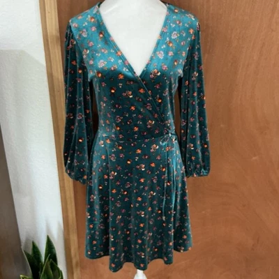 BeBop Floral Dress Med. Green Velvet Midi Boho Western Fairy Whimsical Holiday - Image 1 of 4