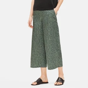 Eileen Fisher Nori Dash Print Wide Leg Crop Silk Blend Pant Size M Green Pockets - Picture 1 of 8