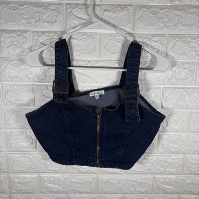 Derek Heart Denim Crop Top Adjustable Strap Buckle Zipper Dark Blue Bra Medium - Image 1 of 4
