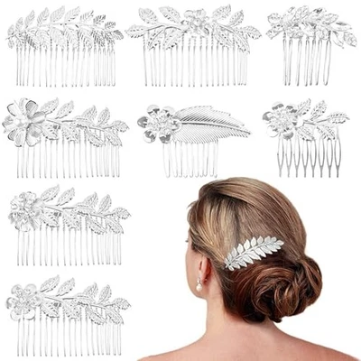 8 Pack Leaf Hair Side Combs for Women Girl, Bridal Metal Decorative Hair Silver - Image 1 of 4