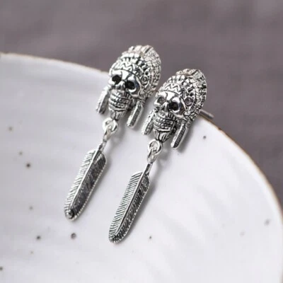 925 Sterling Silver Indian Skull Feather Dangle Drop Ear Studs Gothic Earrings - Image 1 of 4
