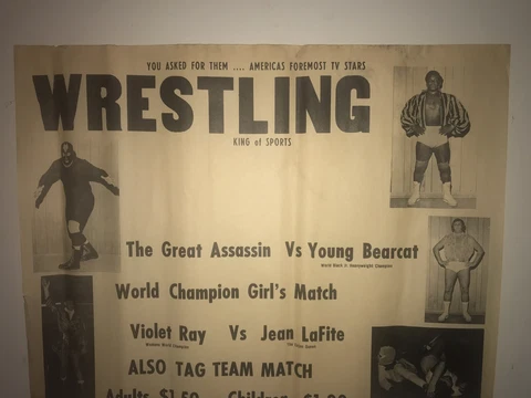 Large Vintage Wrestling Poster GREAT ASSASSIN vs YOUNG BEARCAT Plus GIRLS MATCH Cover