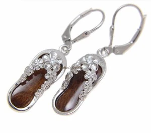 GENUINE HAWAIIAN KOA WOOD PLUMERIA FLOWER LEI LEVERBACK EARRINGS 925 SILVER - Picture 1 of 2