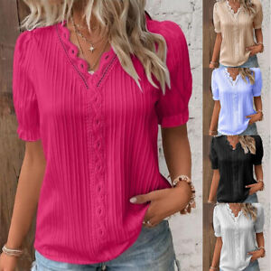 Ladies Lace V neck Blouse Shirts Short Sleeve Summer Tops Casual T-shirt Size UK