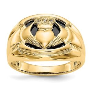 14K Yellow Gold Diamond Onyx Mens Claddagh Ring Size 8, 8.5, 9, 9.5, 10, 10.5