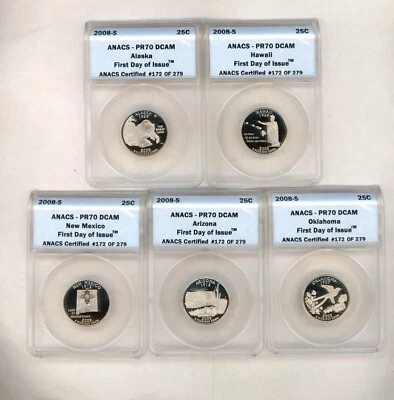 2008 S ~ CLAD STATE QUARTER SET ~ ANACS PR70 DCAM FDOI ~ 5 COINS - Image 1 of 2