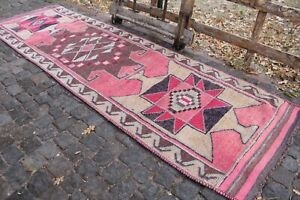 Pink Vintage Handmade Turkish Oushak Runner Rug Carpet 138"x42"
