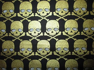 WICKED SKULLS BONES METALLIC GOLD SILVER BLACK COTTON FABRIC FQ - Picture 1 of 5