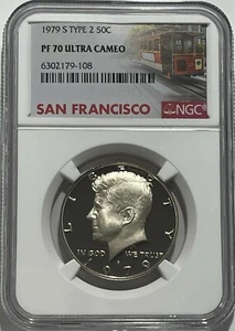 1979 S Type 2 NGC PF70 Ultra Cameo Kennedy Half Dollar JFK 50c Trolley Label - Picture 1 of 3