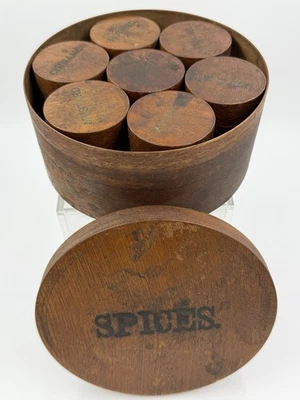 Antique 19c Wood Shaker Style Bent wood SPICE BOX w/ 7 CONTAINERS - Image 1 of 4