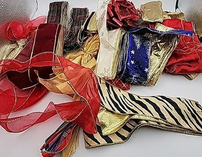 Vintage Holiday Christmas Gift Ribbon Lot Wide Wire Edge Felt Glitter Mix Craft  - Image 1 of 4
