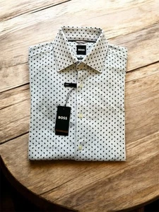 Camicia elegante Hugo Boss uomo HAL Kent casual fit bianco pastello jersey cotone 38 S 15 - Foto 1 di 13
