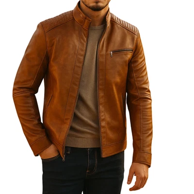 Mens Cafe Racer Genuine Leather Jacket Vintage Biker Style Real Lambskin Leather - Image 1 of 4