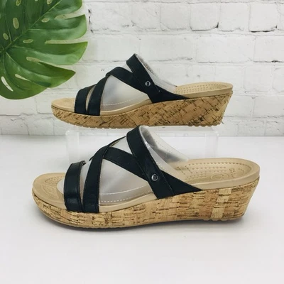 Crocs A-Leigh Womens Wedge Sandals Size 8 Black Leather Cork Strap Slip On - Image 1 of 4